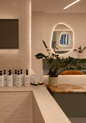 Salon interior with backbar products, a plant, and a mirror with a circular light fixture.