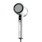 Silver hair dryer with black nozzle on a white background