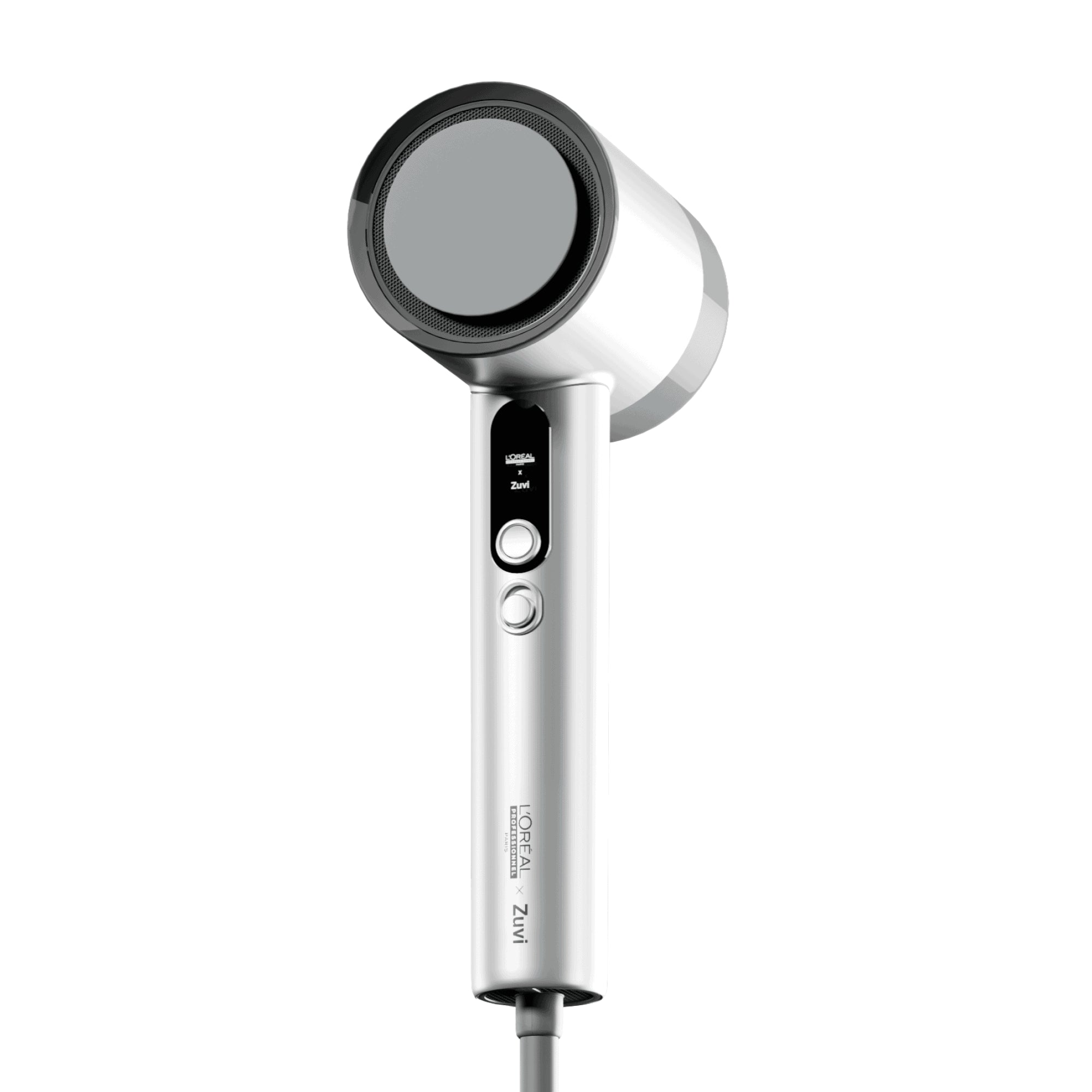 Silver hair dryer with black nozzle on a white background