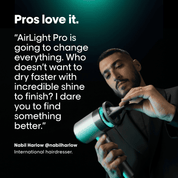 Man holding a hair dryer with promotional text on a dark background
