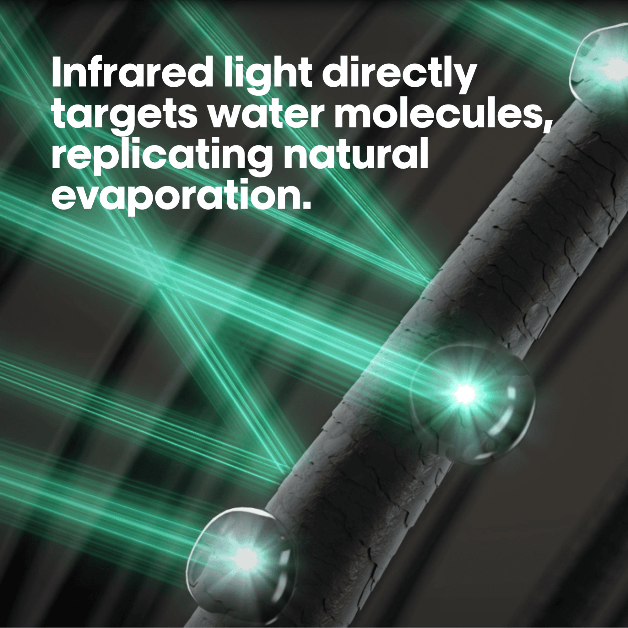 Infrared light targeting water molecules with text overlay on a dark background