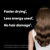 Person with styled hair on a black background with text about hair care product benefits.