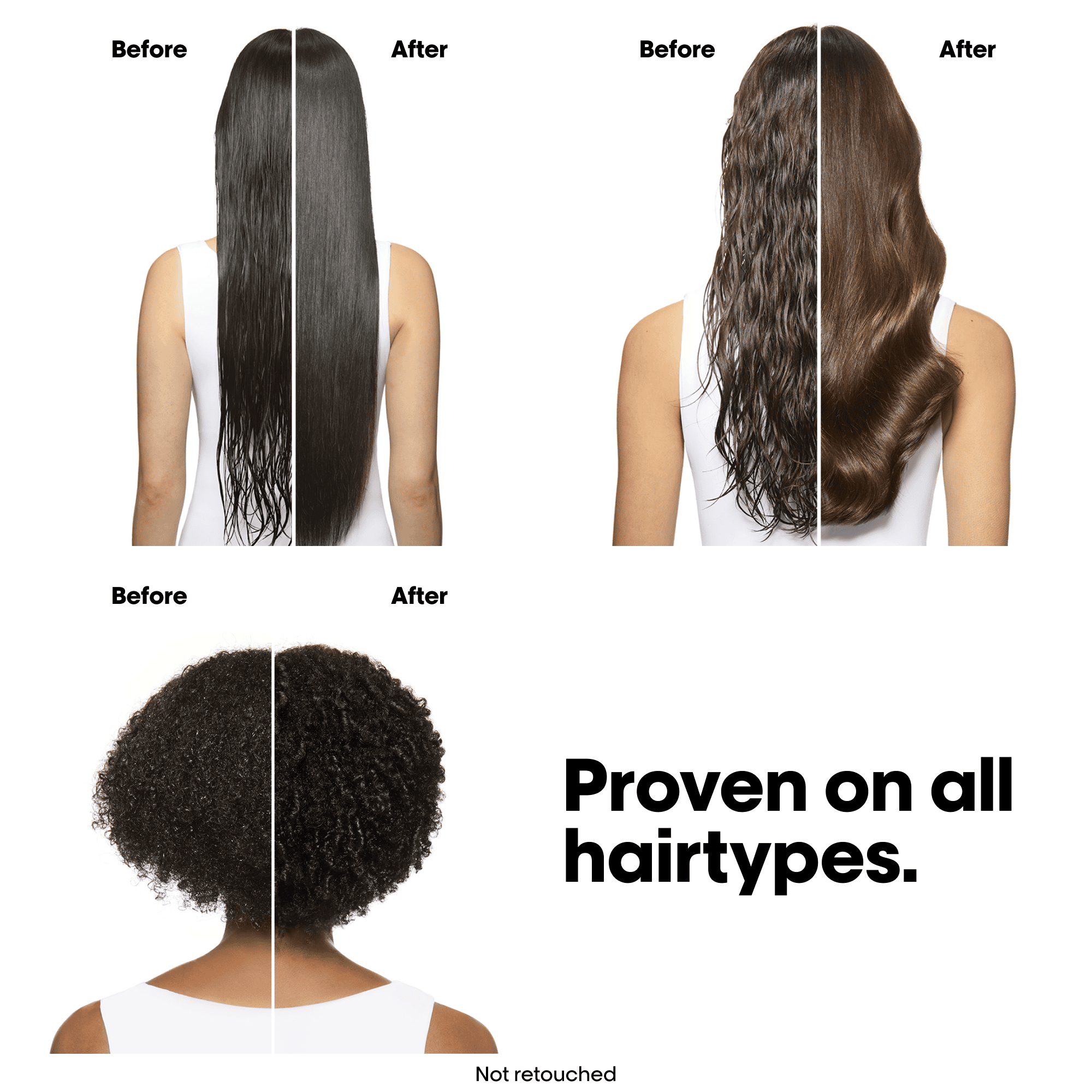 Before and after hair comparison on a person with different hair types.