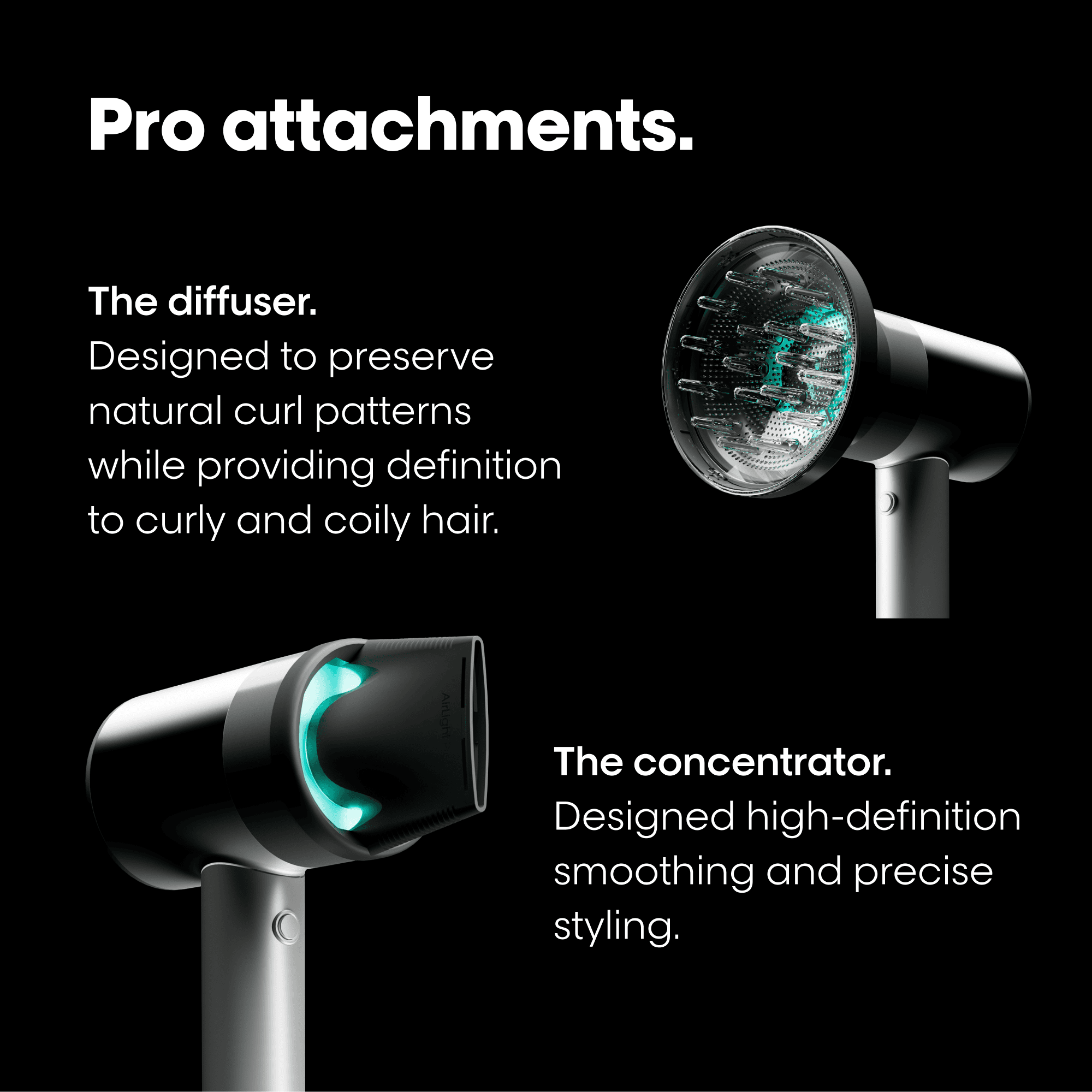 Hair dryer attachments with text on a black background