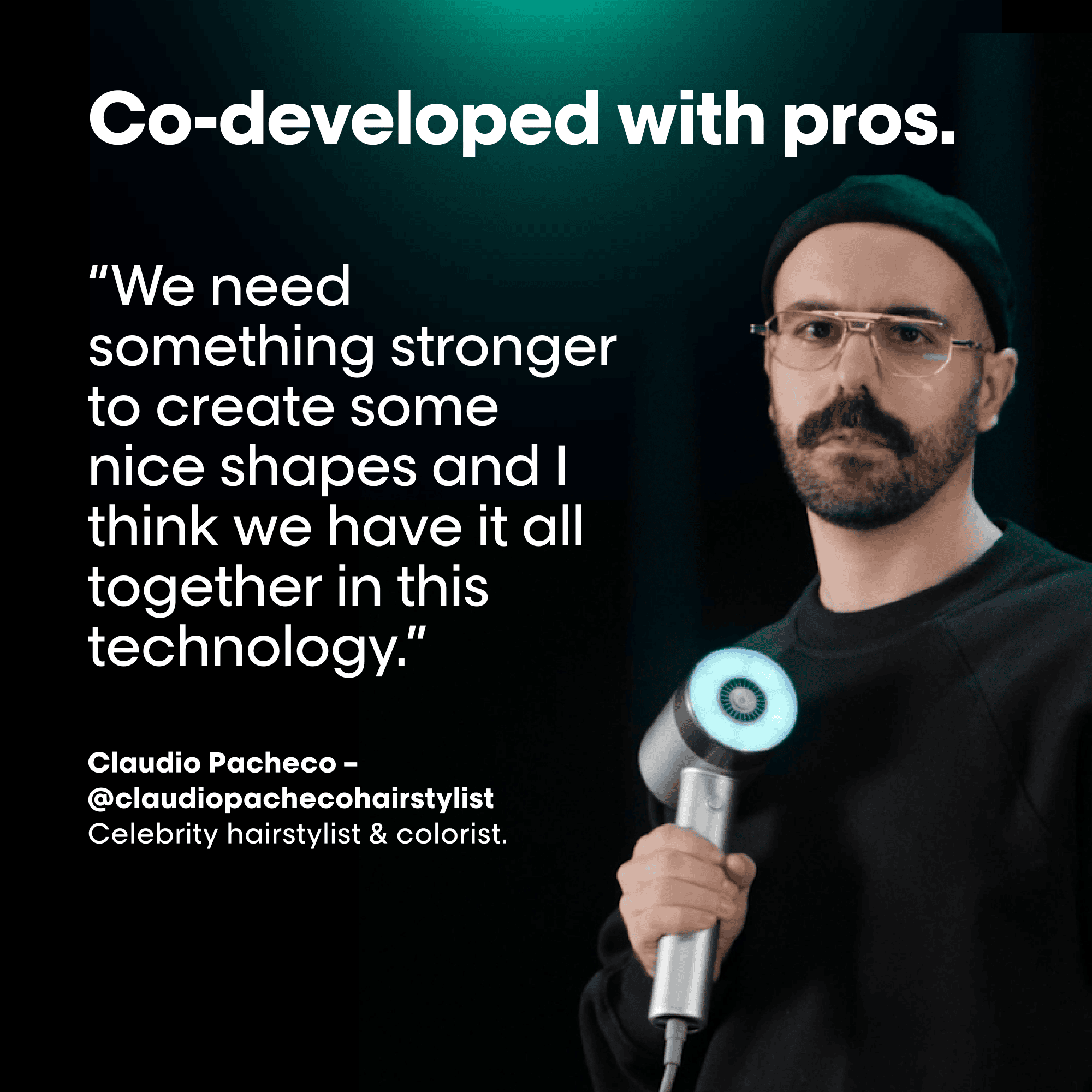 Person holding a hair dryer with text about technology and collaboration.