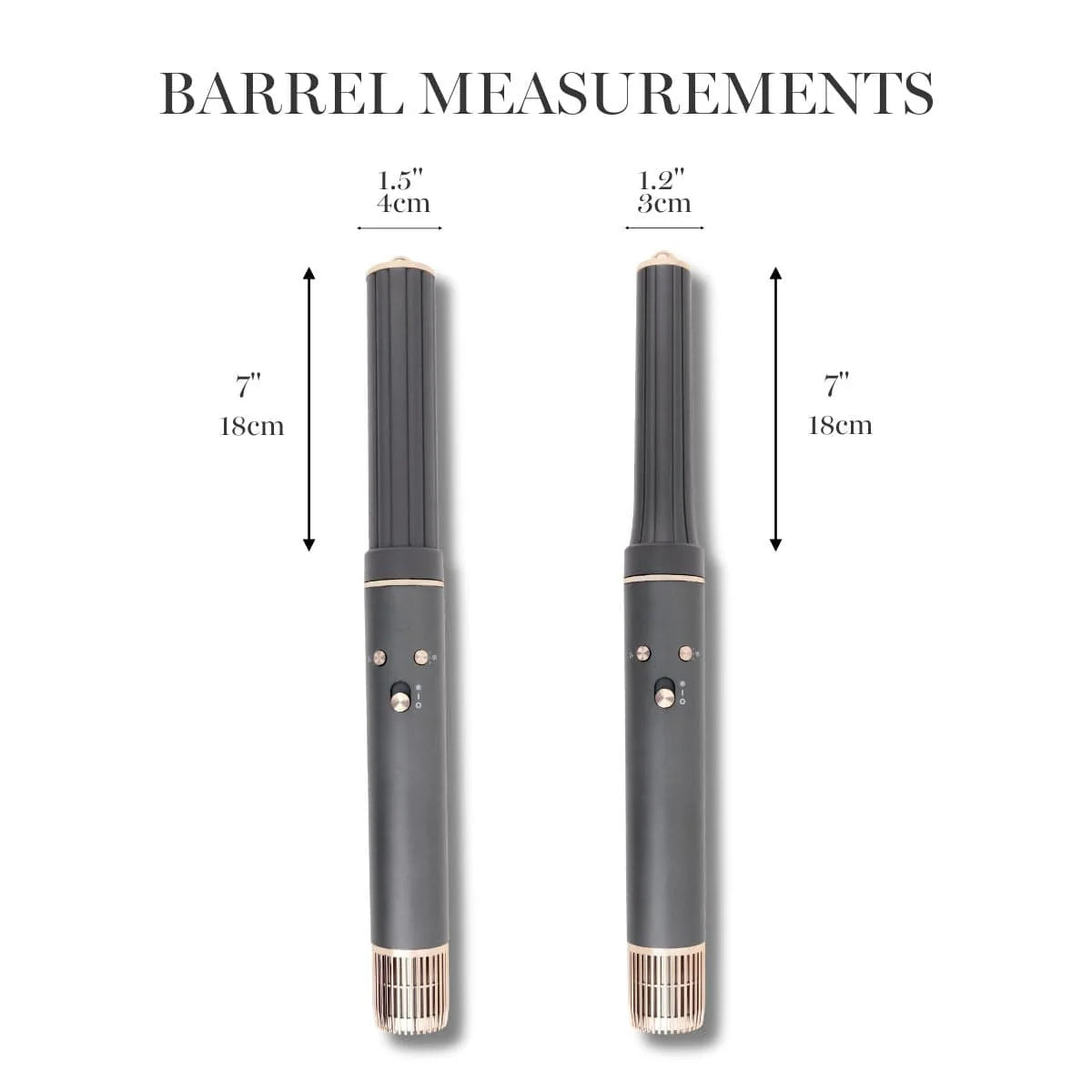 Two hair straighteners with measurements indicated on a white background