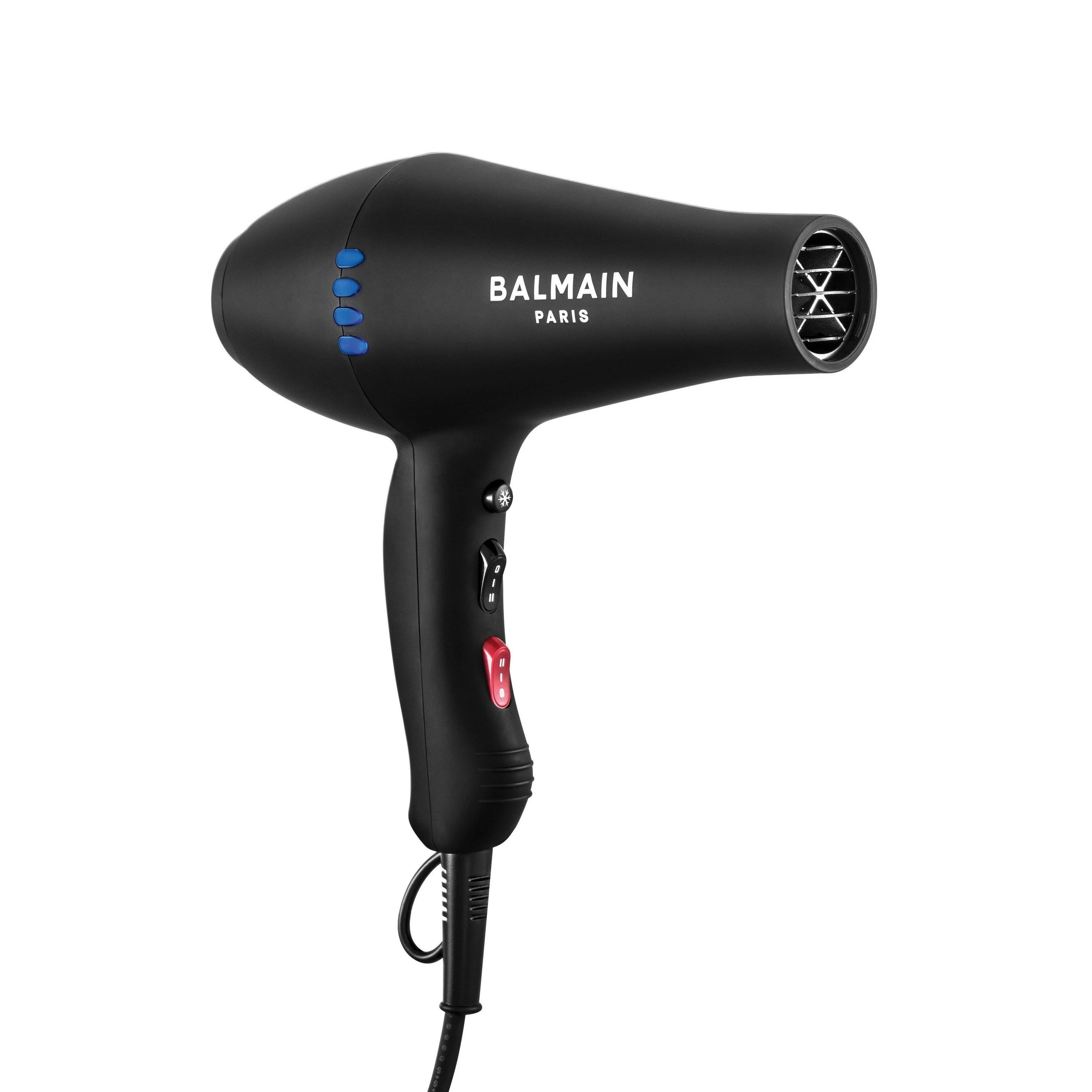 Black hair dryer with Balmain Paris branding on a white background