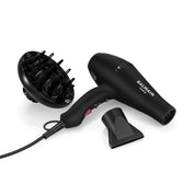 Black hair dryer with attachments on a white background