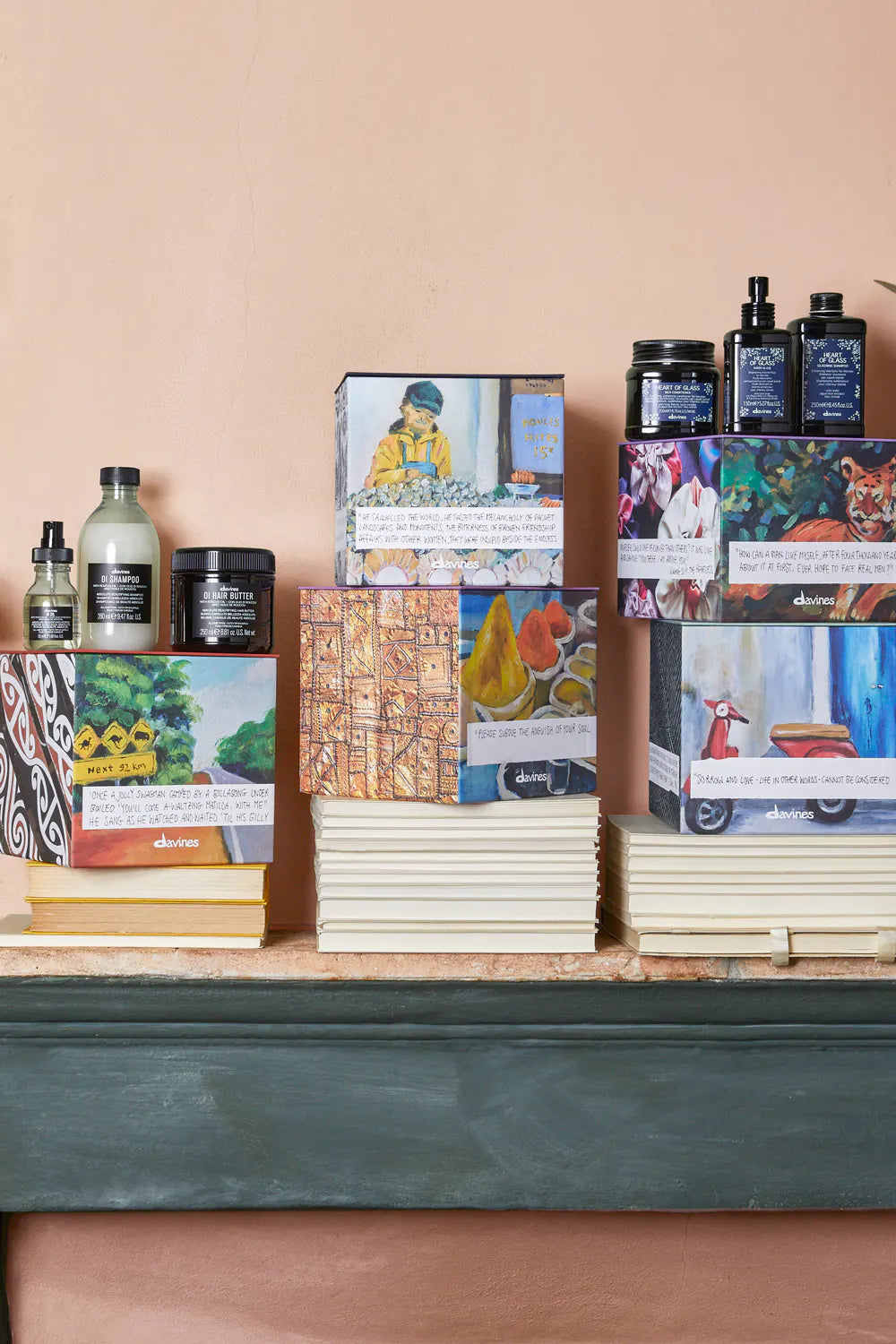 stack of Davines giftsets and products