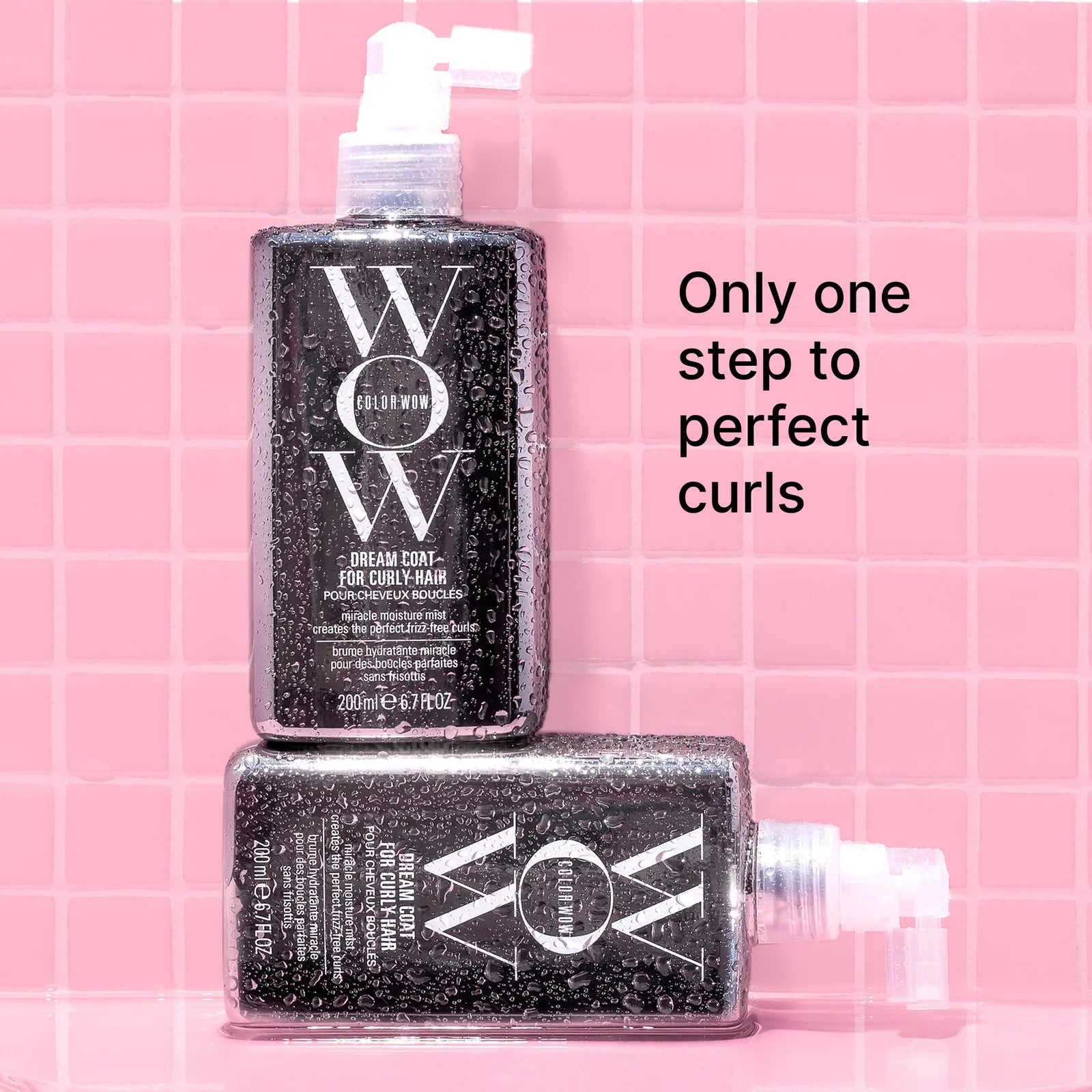 Two bottles of Color Wow hair product on a pink tiled background with text 'Only one step to perfect curls'.