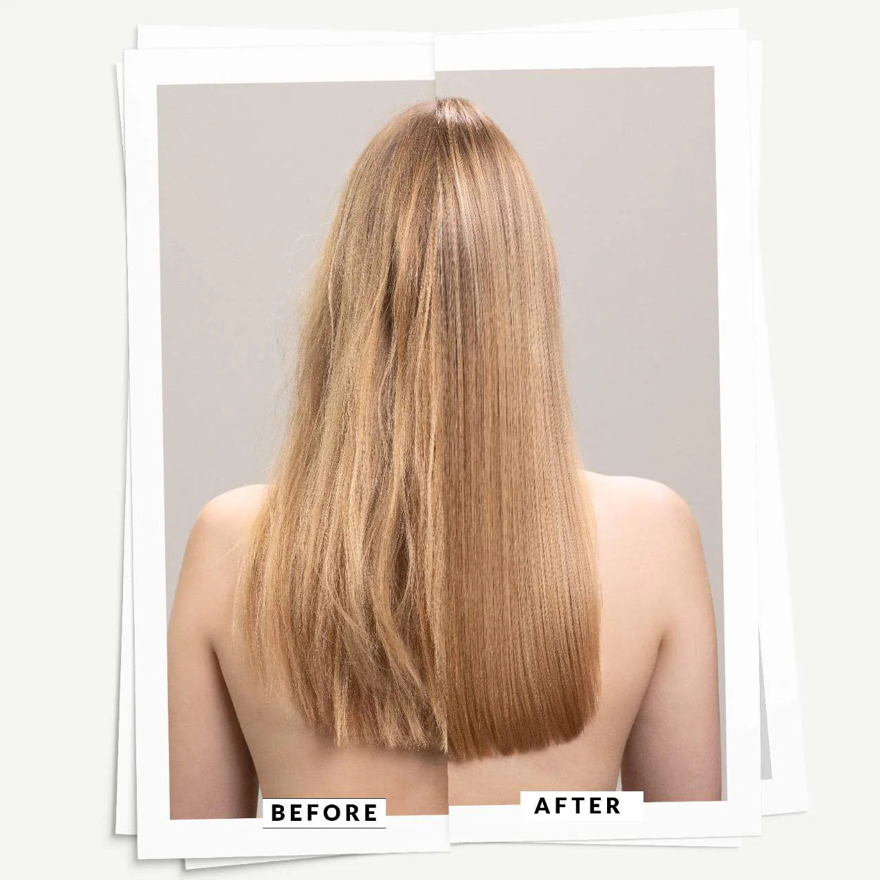 Before and after comparison of long blonde hair on a neutral background