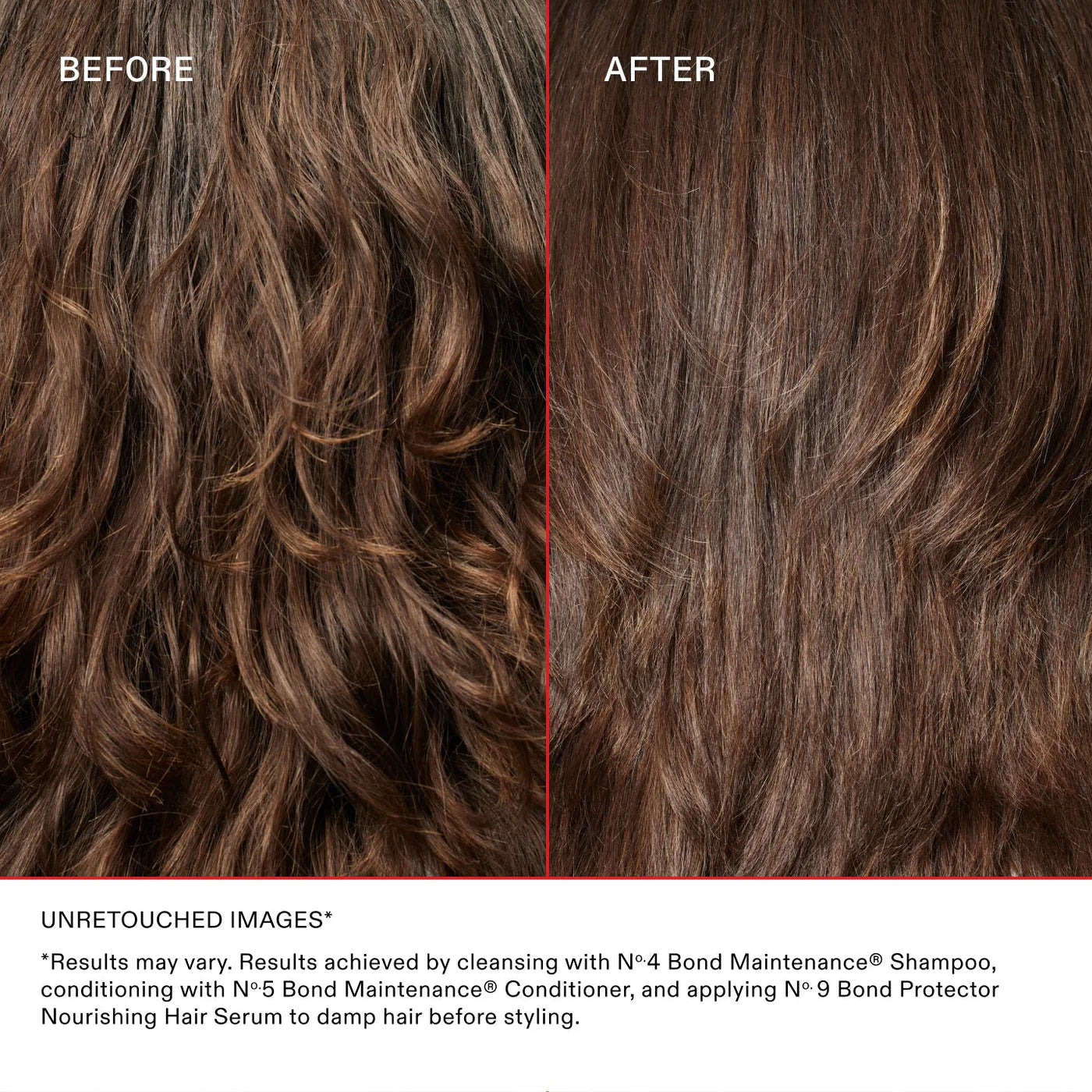 Before and after comparison of hair texture with a red dividing line.