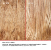 Before and after comparison of hair strands with text indicating product usage.