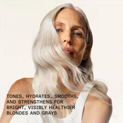 Woman with white hair against a plain background with text about hair care.