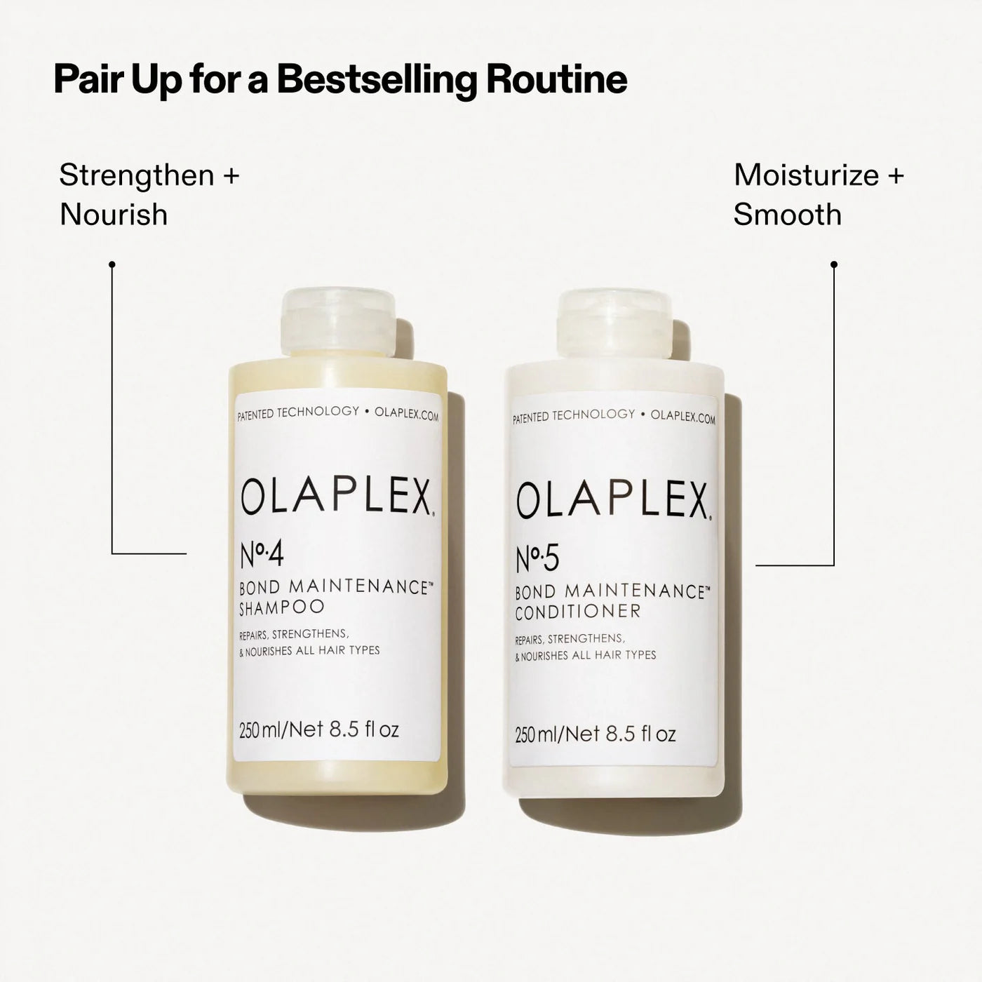 Olaplex shampoo and conditioner bottles with text on a white background