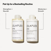 Olaplex shampoo and conditioner bottles with text on a white background