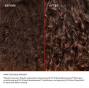 Before and after comparison of curly hair with a red line dividing the two images.