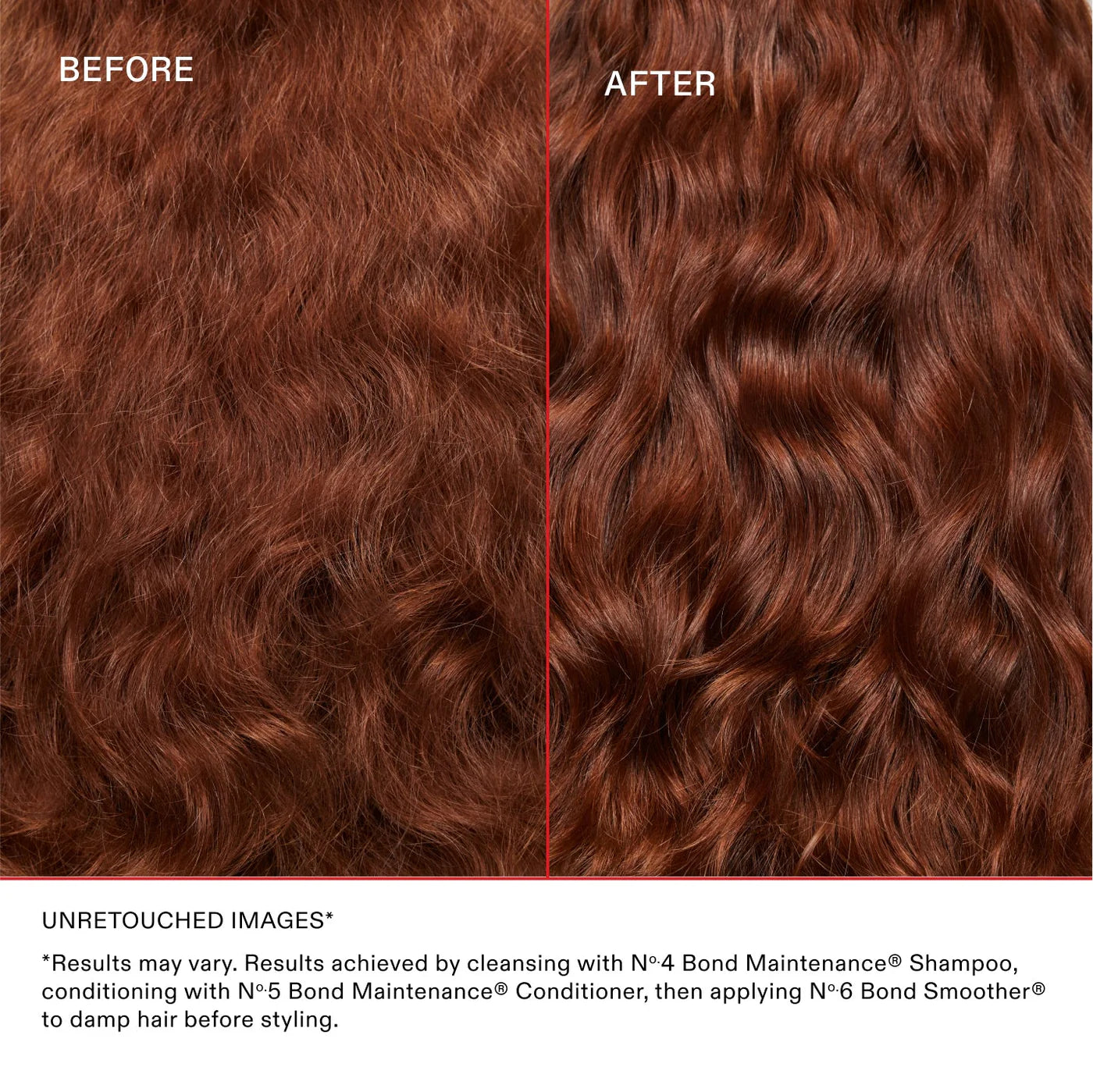 Before and after comparison of wavy hair with a red line dividing the two images.