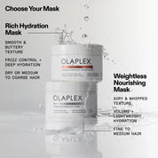 Olaplex hair mask containers with product descriptions on a light gray background