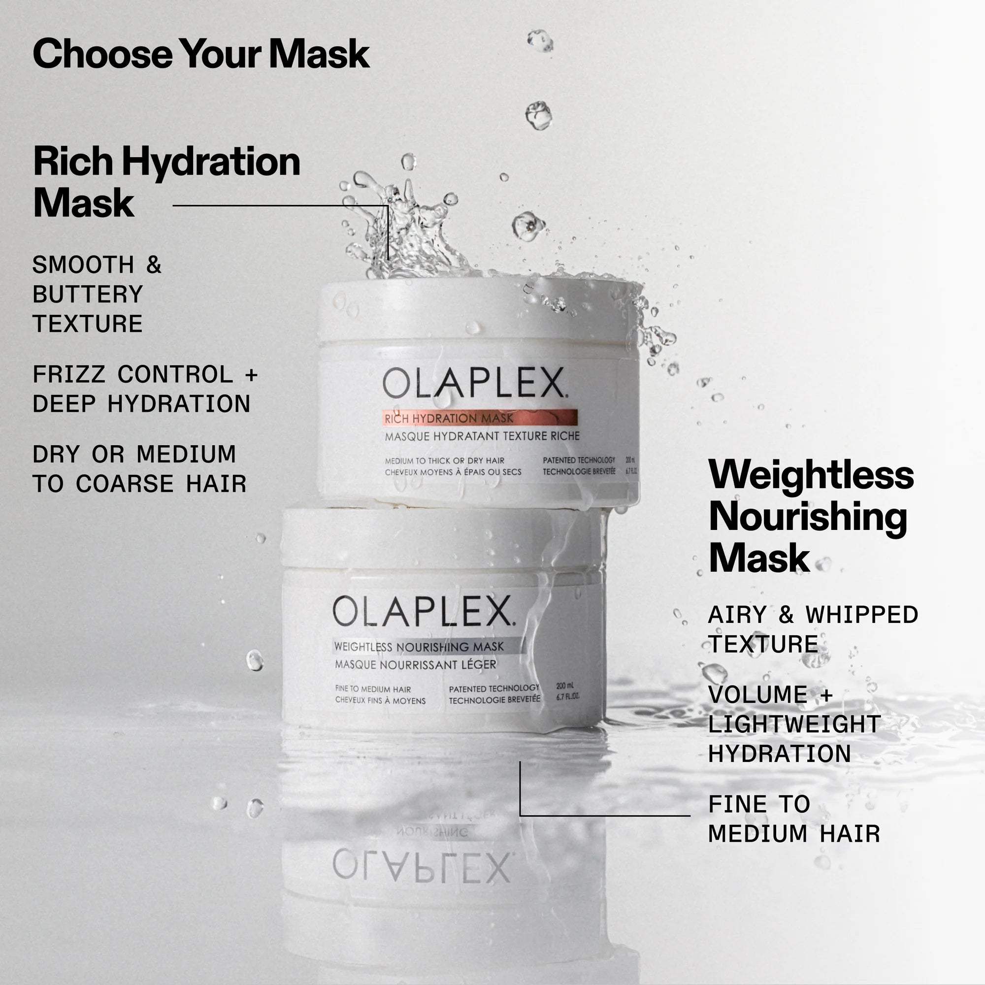 Olaplex hair mask containers with product descriptions on a light gray background