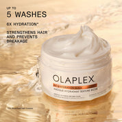 Olaplex Rich Hydration Mask jar with water droplets and text highlighting product benefits.