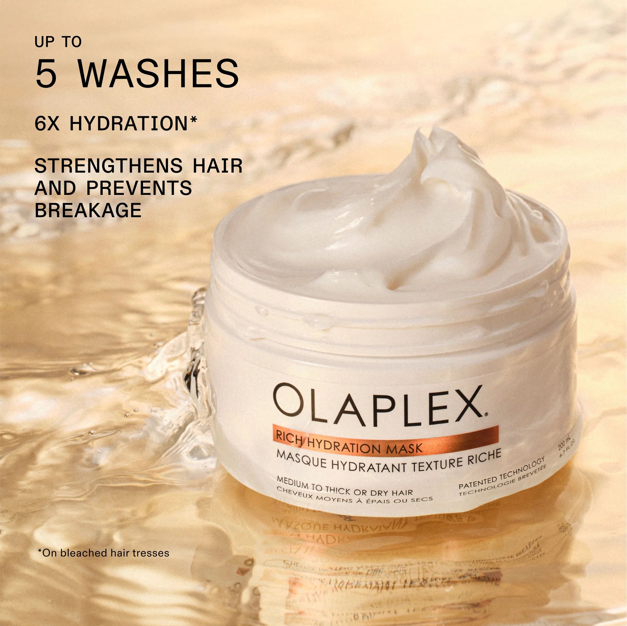 Olaplex Rich Hydration Mask jar with water droplets and text highlighting product benefits.