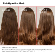 Before, after, and after five washes comparison of Rich Hydration Mask on hair.
