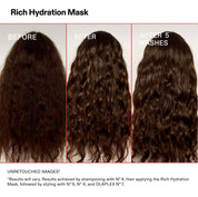 Before and after comparison of a Rich Hydration Mask treatment on hair, showing results after one wash and five washes.