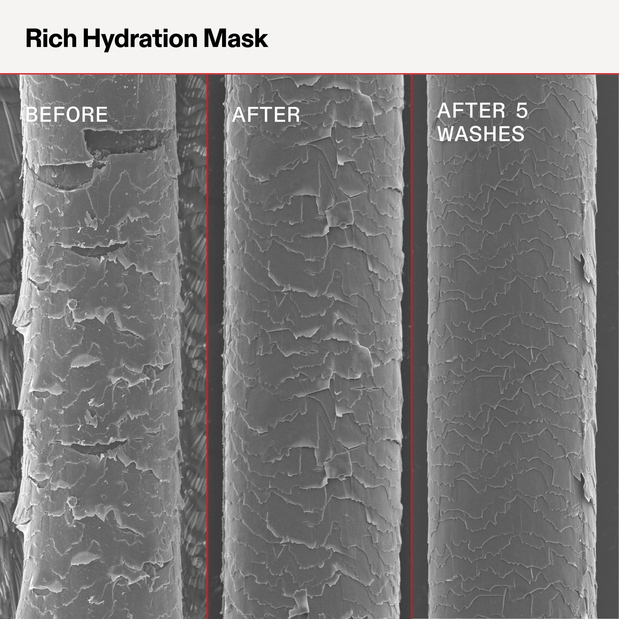 SEM images showing the effect of a Rich Hydration Mask on hair texture before, after, and after 5 washes.