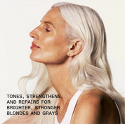 Woman with white hair against a plain background with text about hair care.