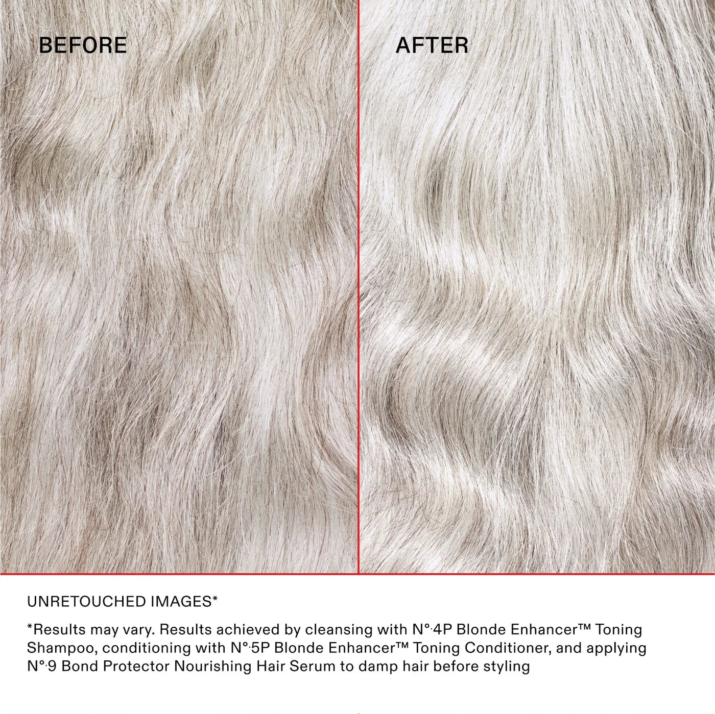 Before and after comparison of hair color treatment with a red line dividing the two images.