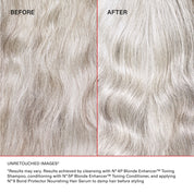 Before and after comparison of hair color treatment with a red line dividing the two images.