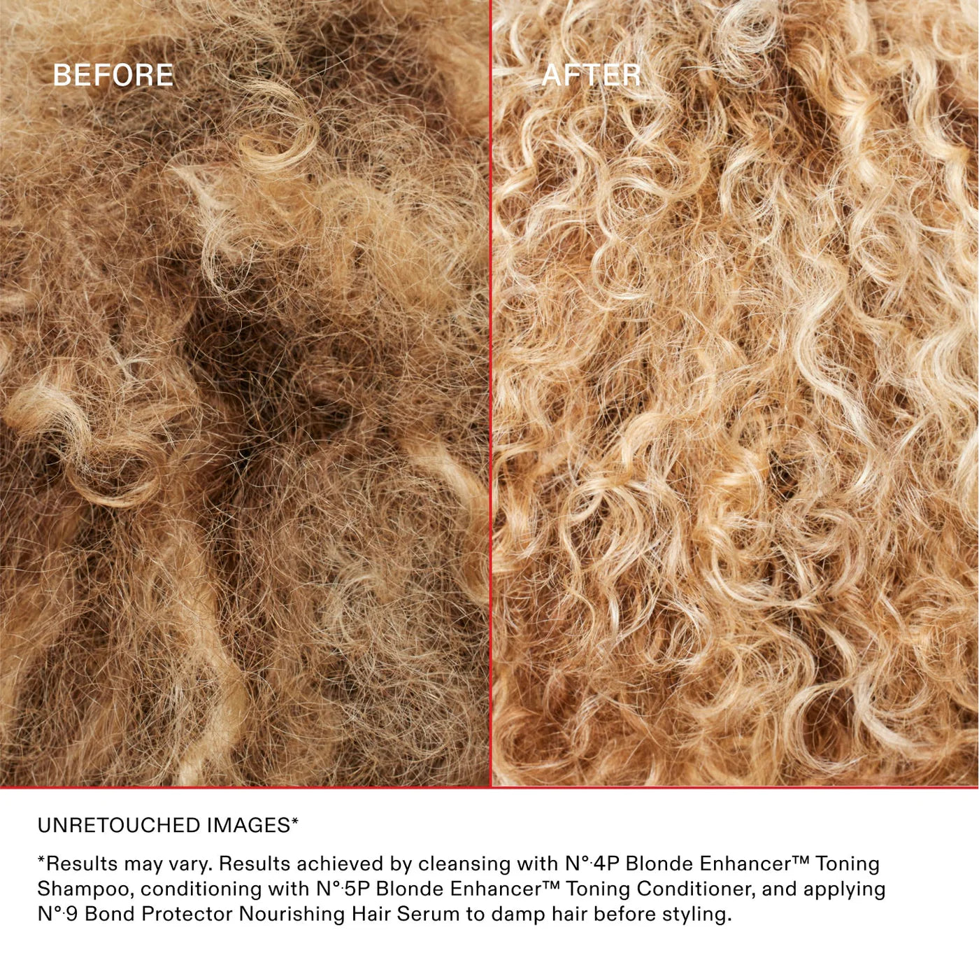 Before and after comparison of curly hair with text about hair care products.