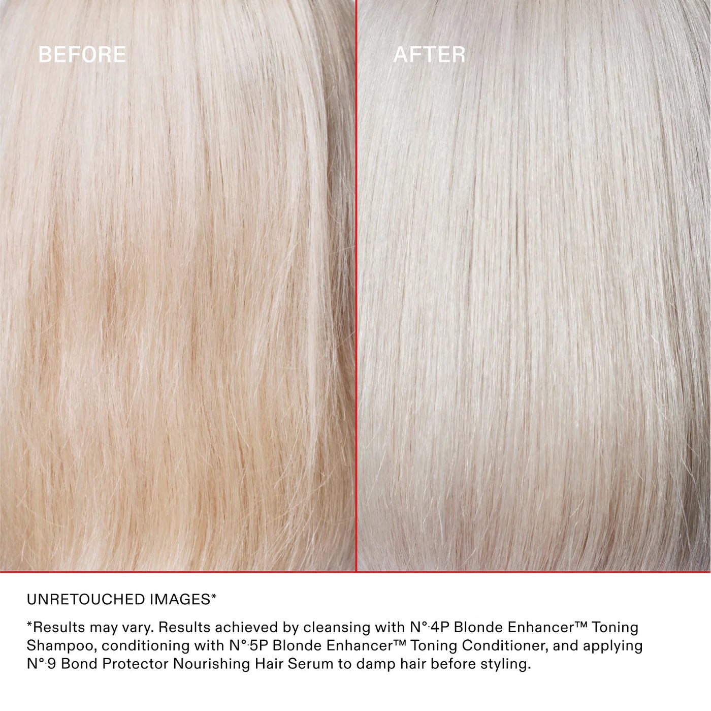 Before and after comparison of blonde hair color treatment with text about product usage.