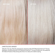 Before and after comparison of blonde hair color treatment with text about product usage.