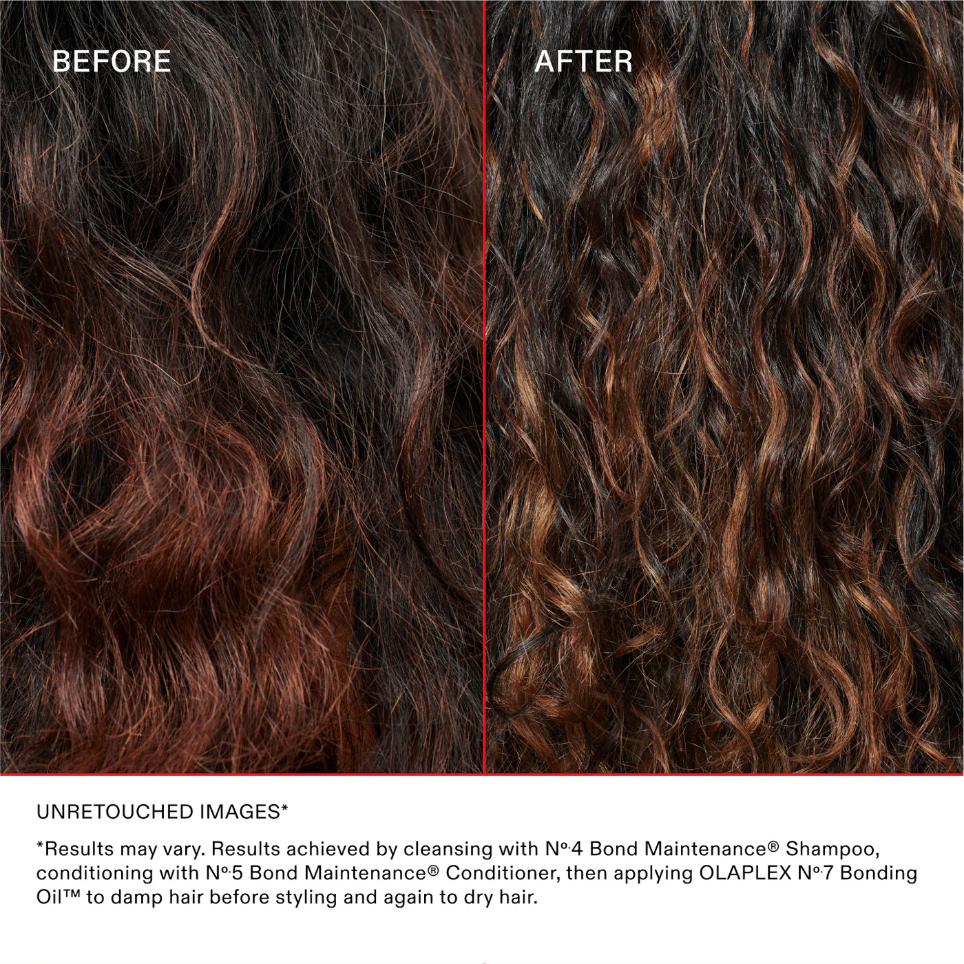 Before and after comparison of wavy hair with text about OLAPLEX hair care products.
