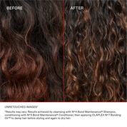 Before and after comparison of wavy hair with text about OLAPLEX hair care products.