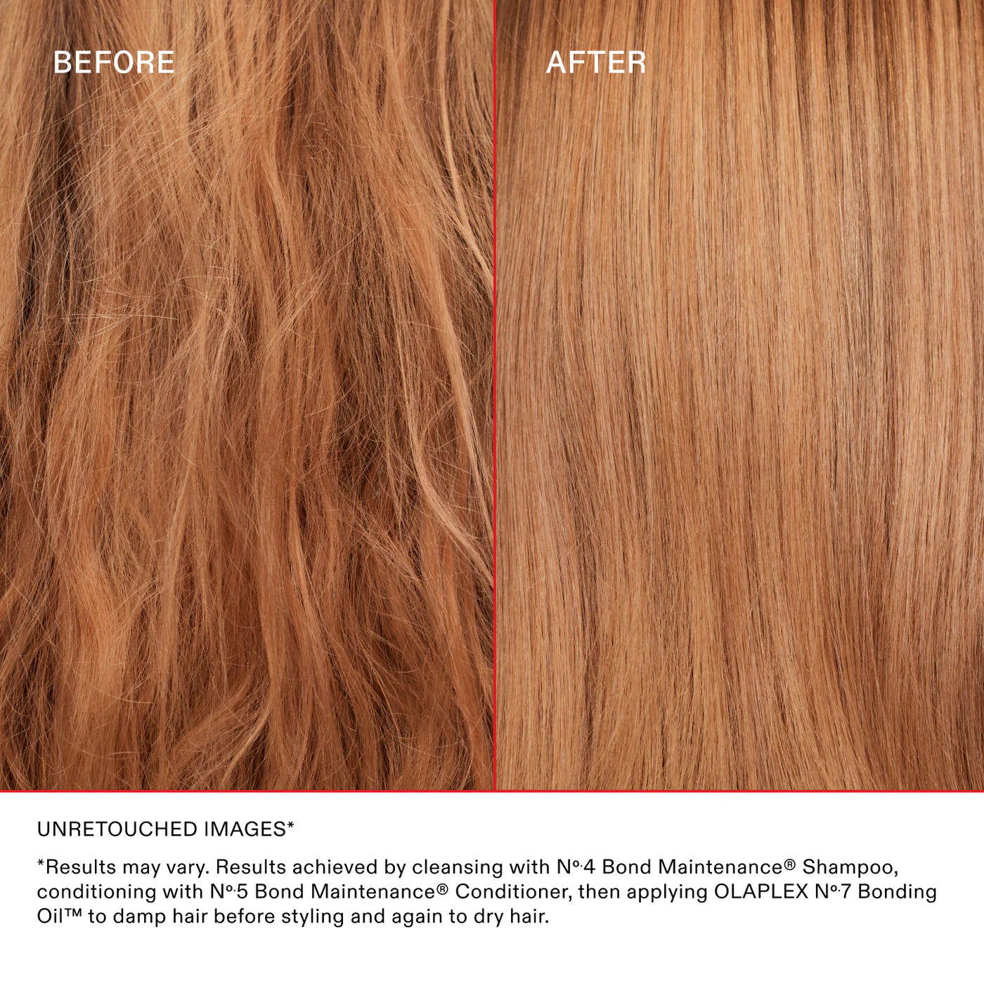 Before and after comparison of hair strands with OLAPLEX treatment.