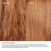 Before and after comparison of hair strands with OLAPLEX treatment.