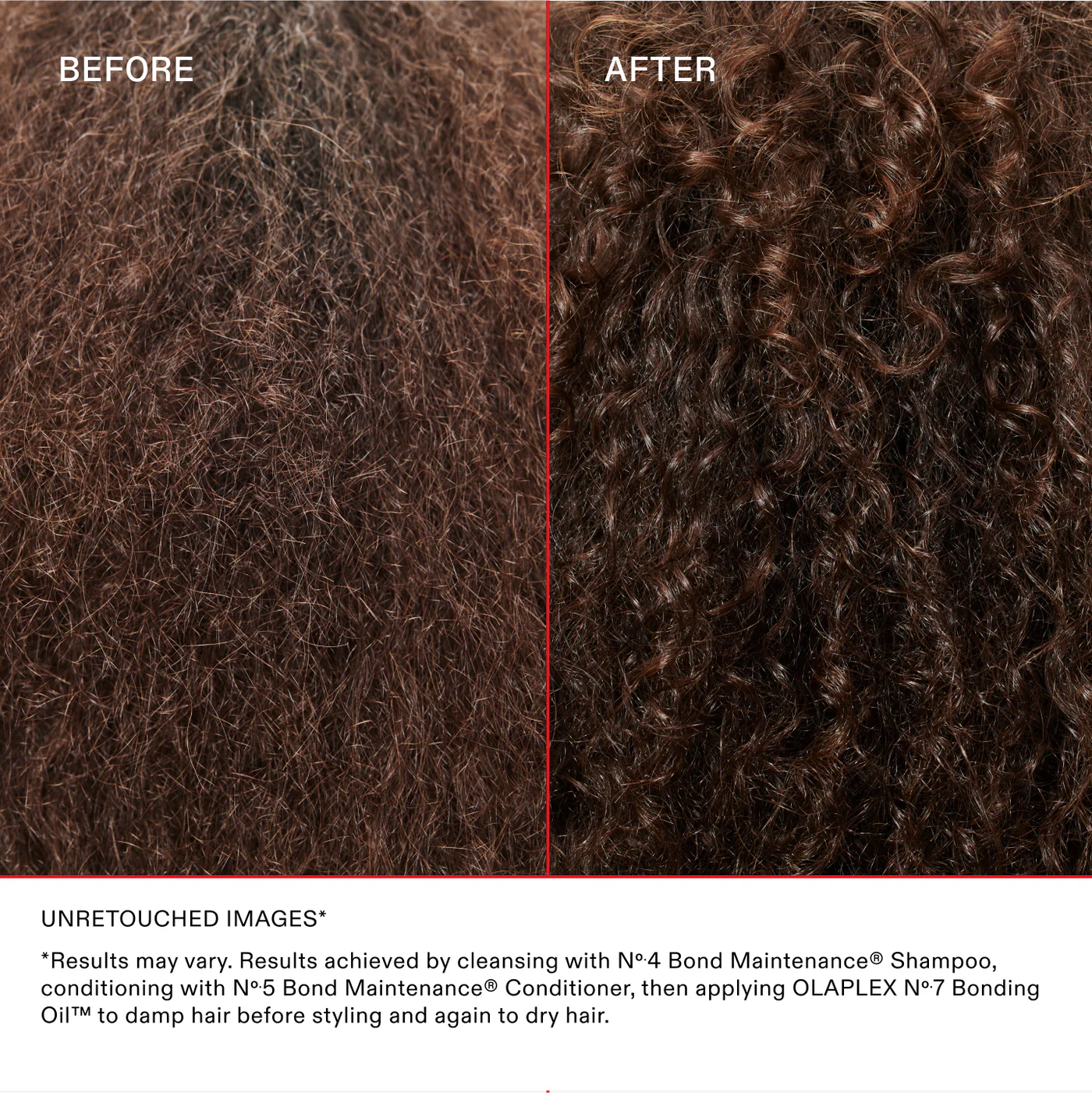 Before and after comparison of hair texture with OLAPLEX product application.