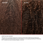 Before and after comparison of hair texture with OLAPLEX product application.