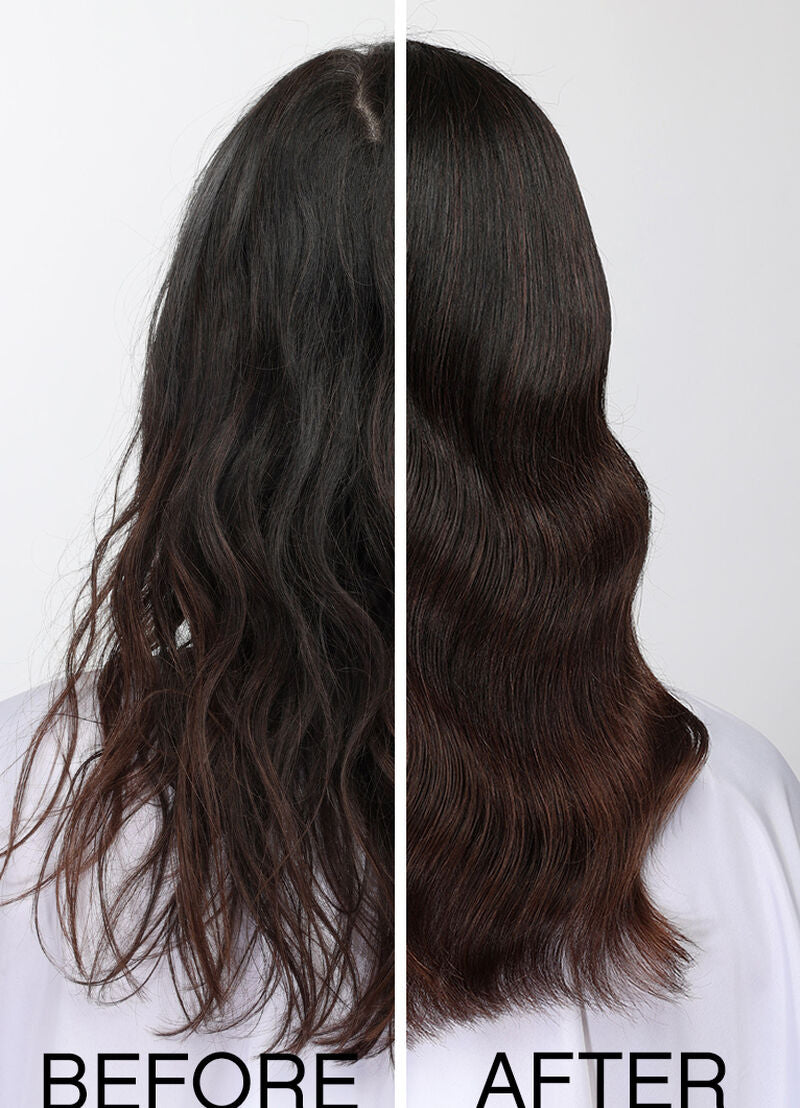 Before and after comparison of wavy hair on a white background