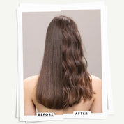 Before and after comparison of long, wavy hair on a neutral background