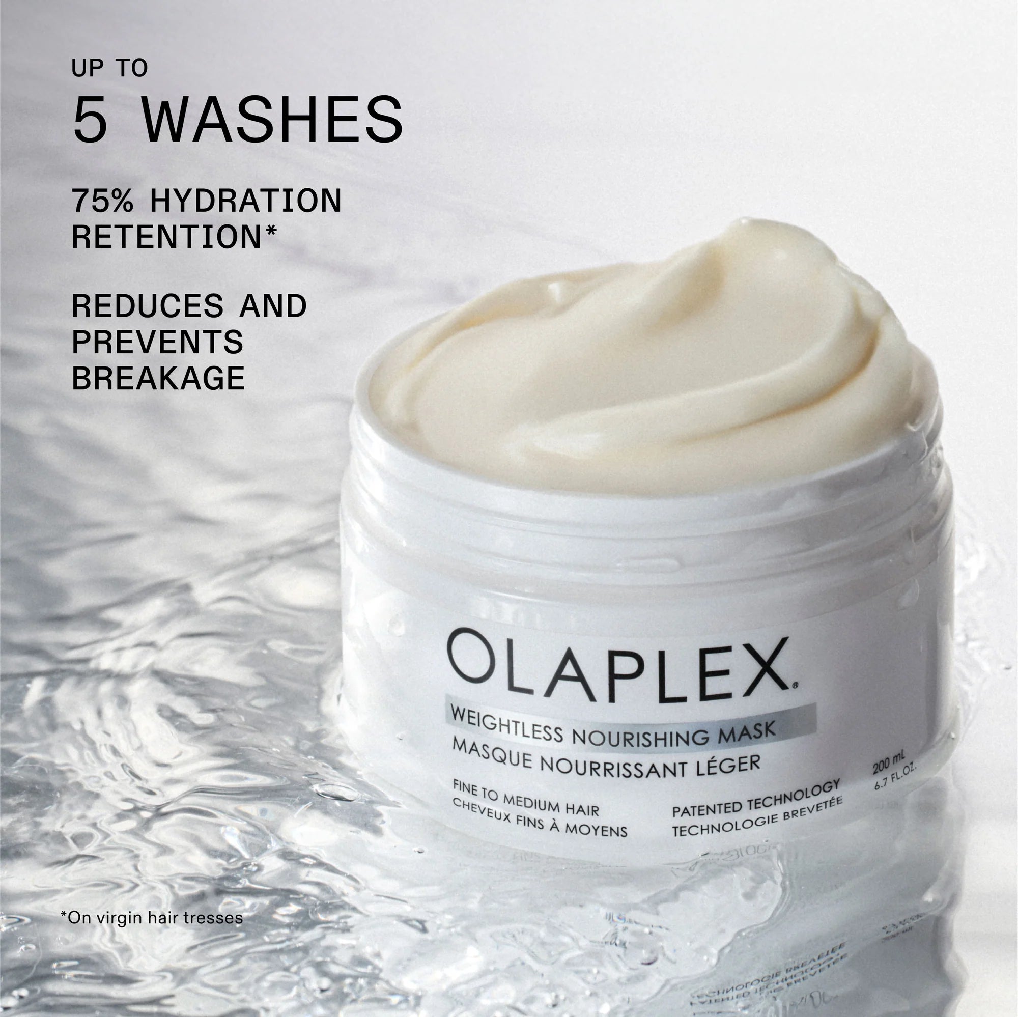 Olaplex weightless nourishing mask jar with text on hydration and benefits