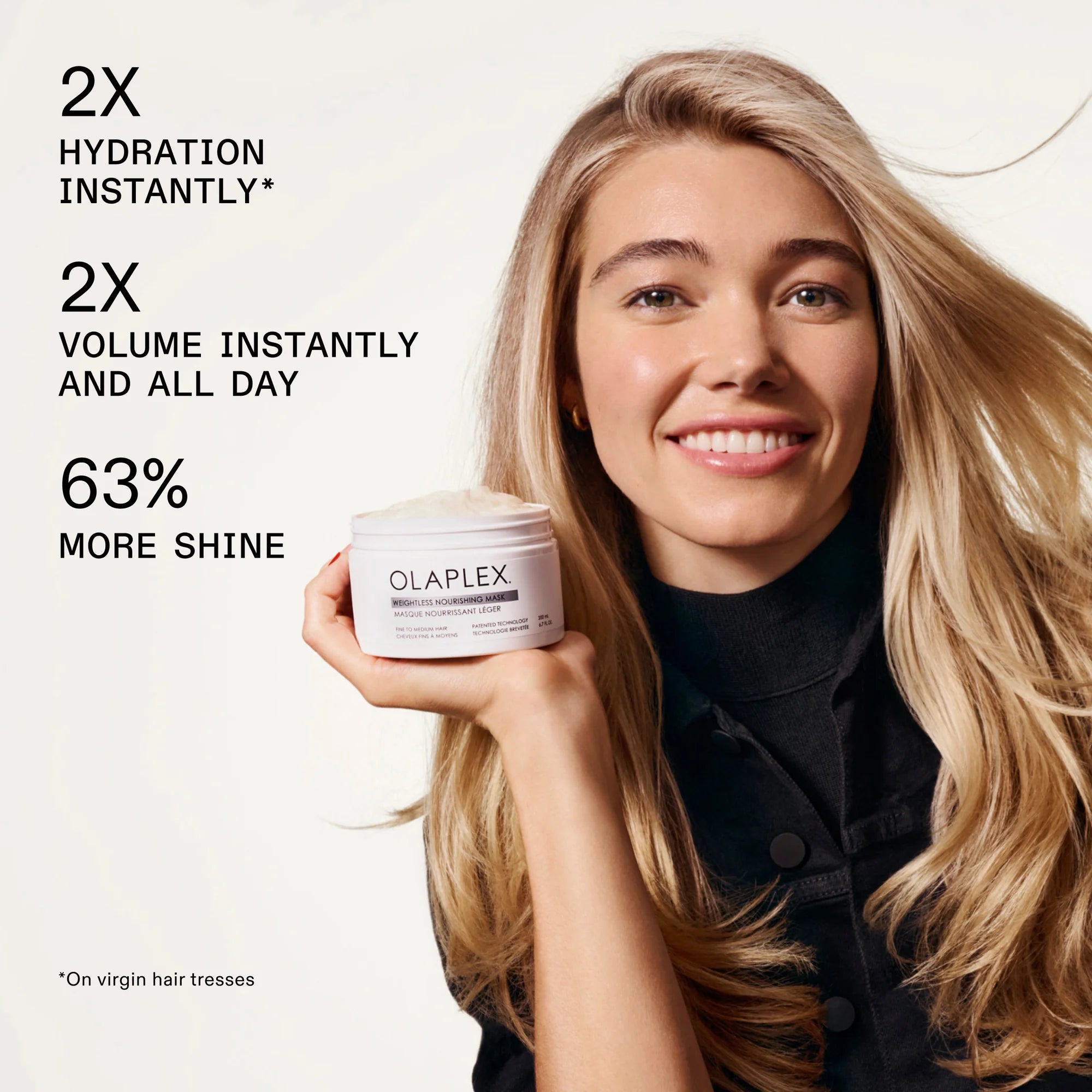 Woman holding a jar of Olaplex with product benefits text on a white background