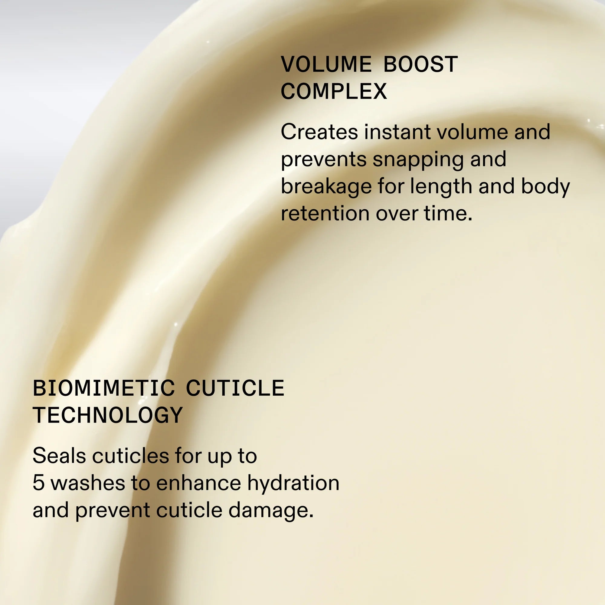 Close-up of a creamy mask texture with text about volume boost complex and biomimetic cuticle technology.