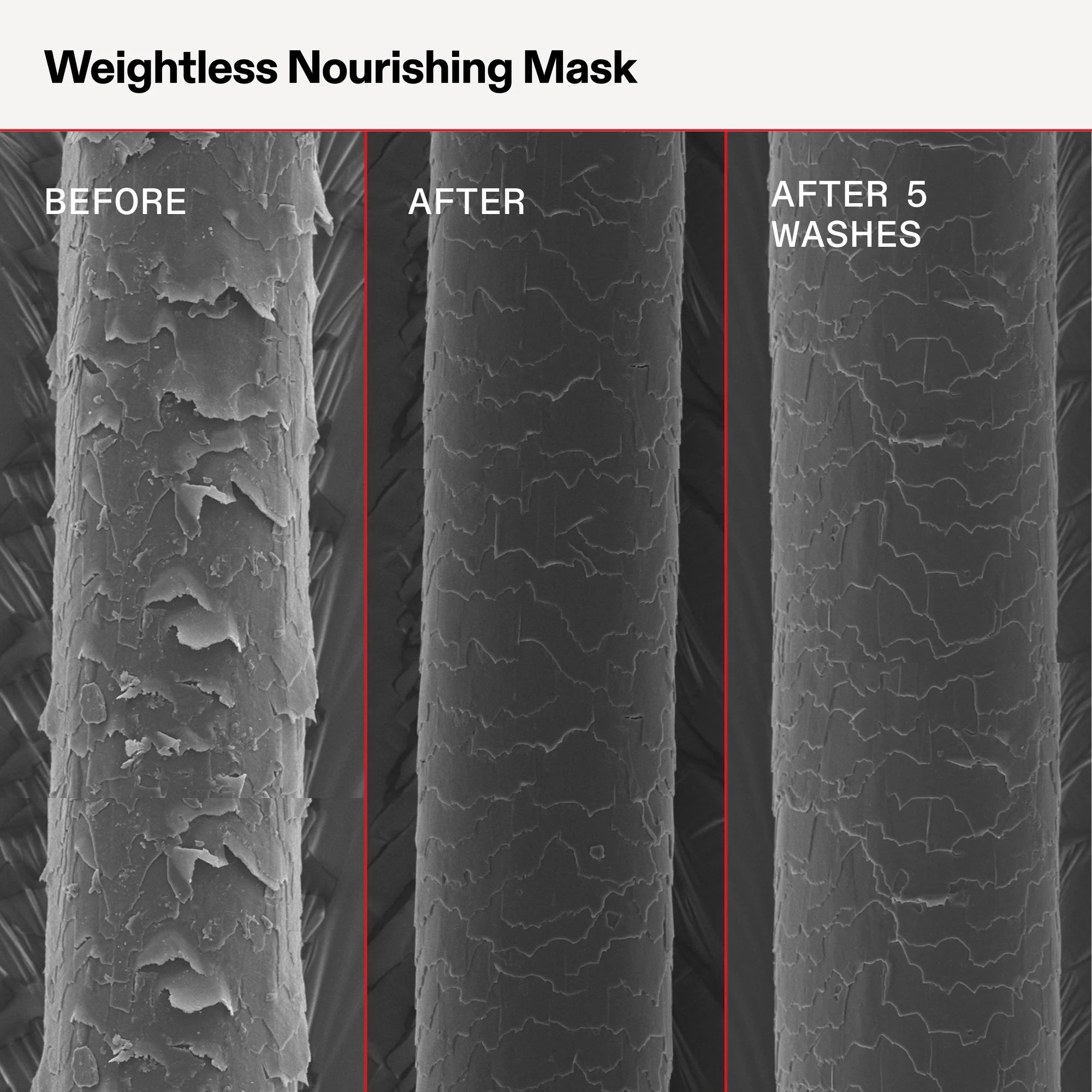 SEM images showing the effect of a weightless nourishing mask on hair texture before, after, and after 5 washes.