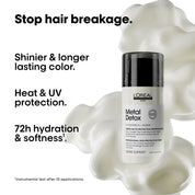 L'Oreal Metal Detox hair care product with text highlighting benefits on a white background