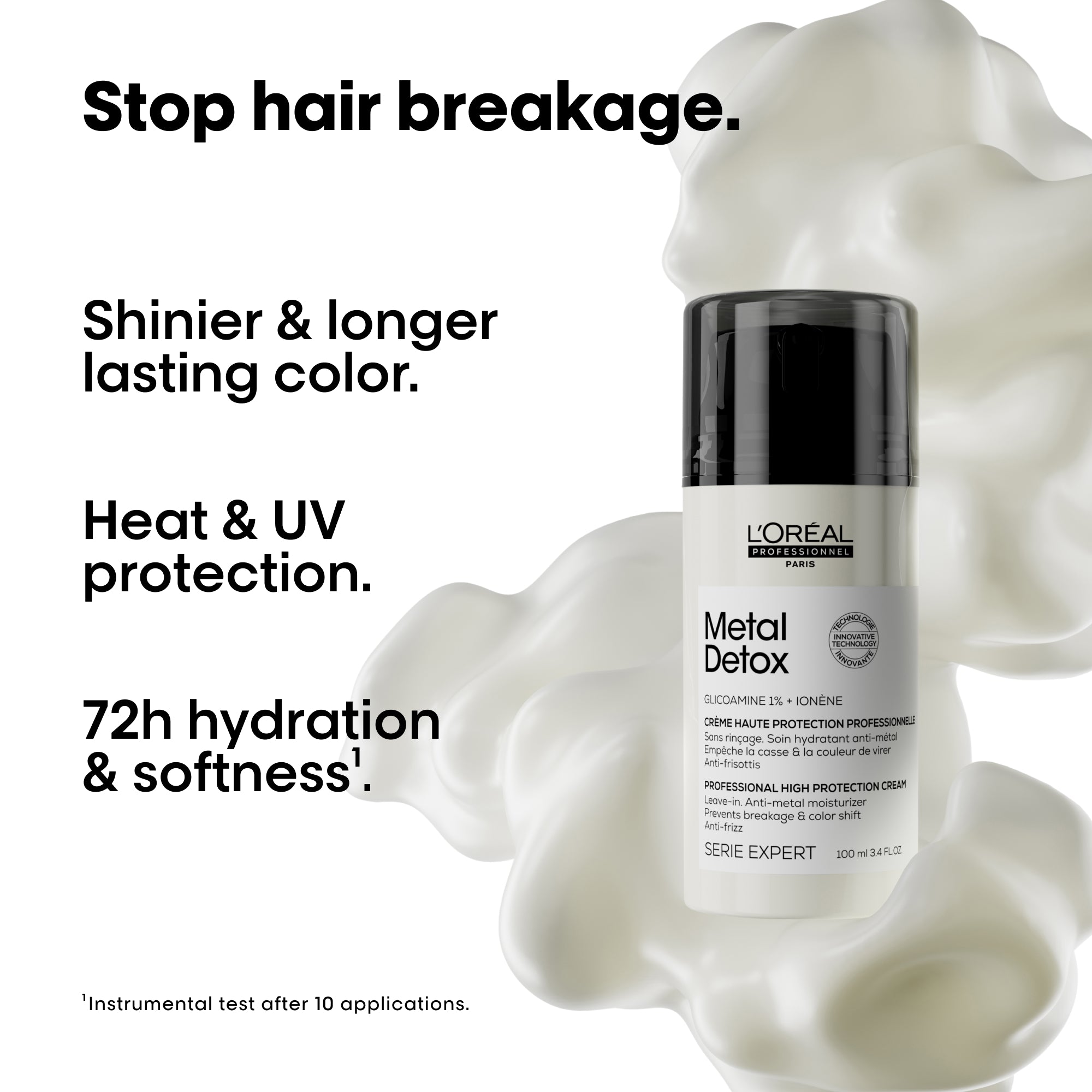 L'Oreal Metal Detox hair care product with text highlighting benefits on a white background