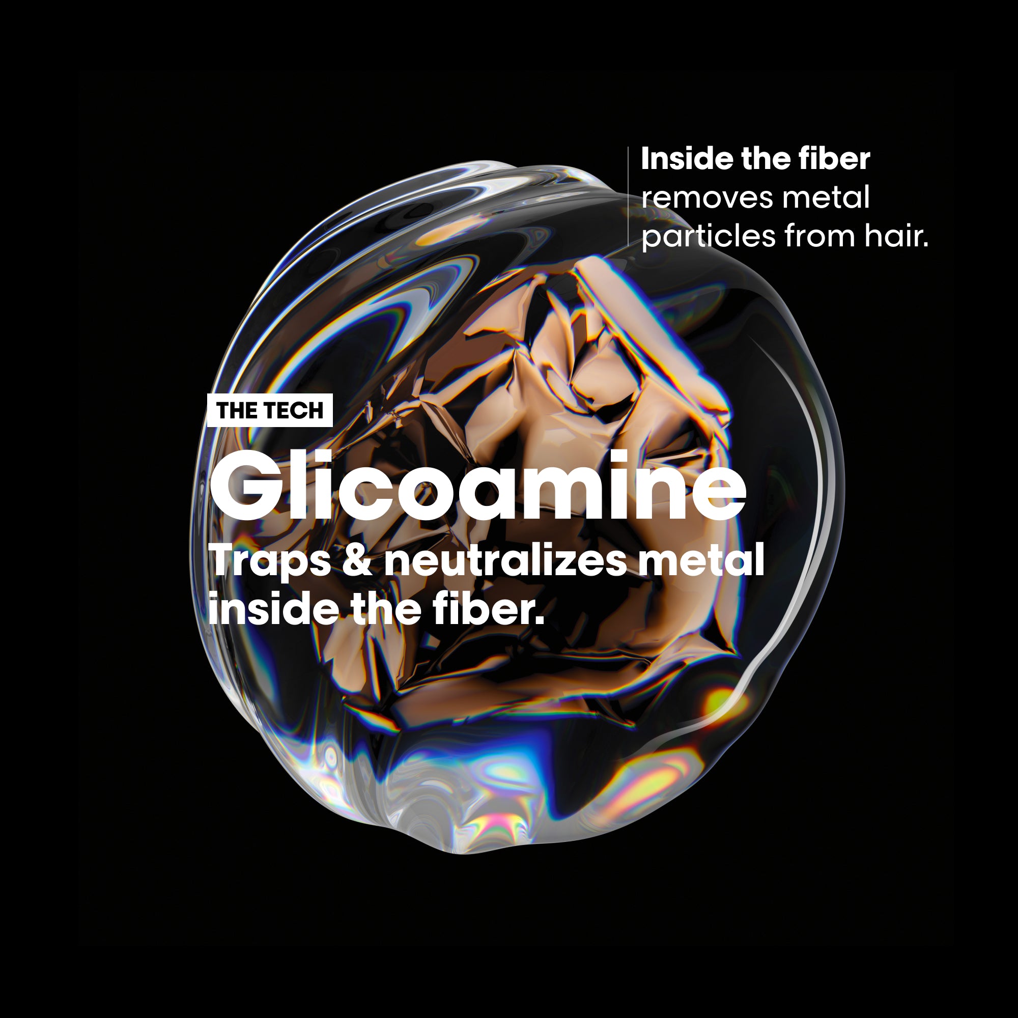 Transparent fiber with text explaining Glicooamine's function on a black background